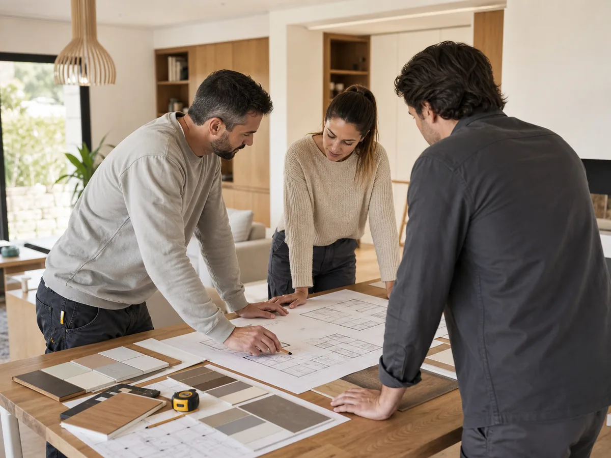 Equipo de reformas planificando un proyecto con planos y materiales