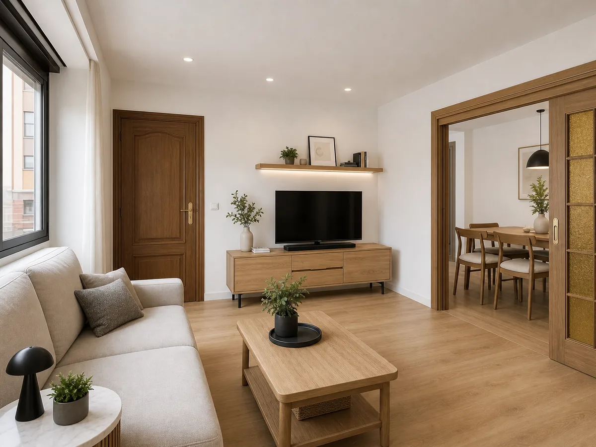 Salón de una vivienda durante una reforma integral: fase después