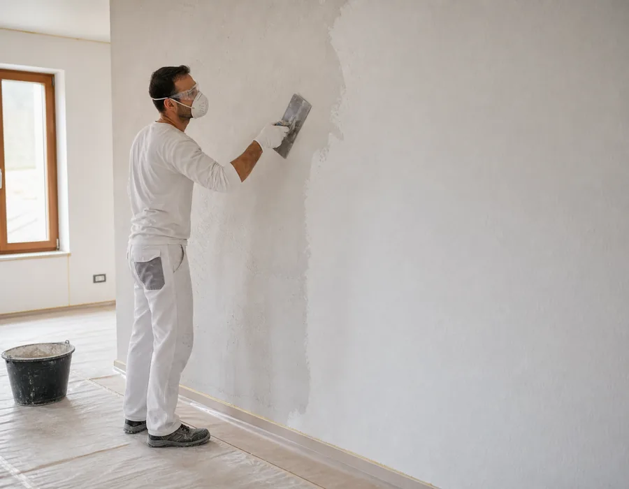 Profesional aplicando perlita sobre una pared interior