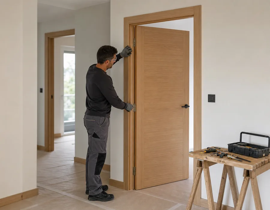 Carpintero ajustando una puerta interior de madera