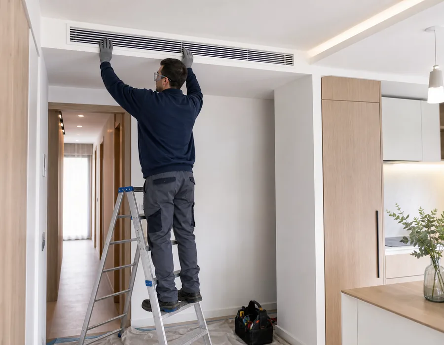 Técnico instalando climatización en una vivienda reformada