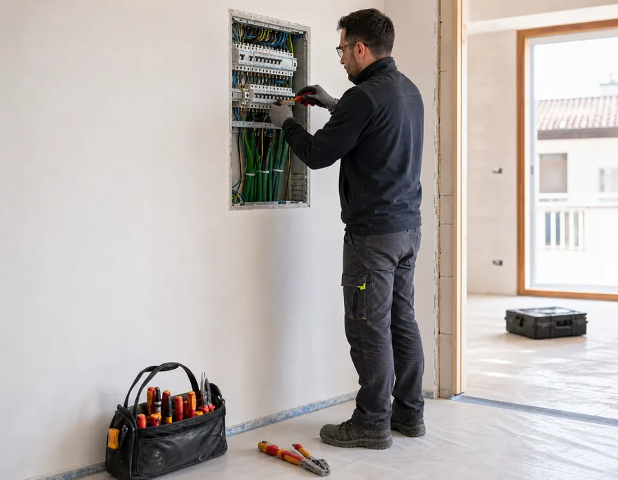 Electricista trabajando de forma segura en una vivienda