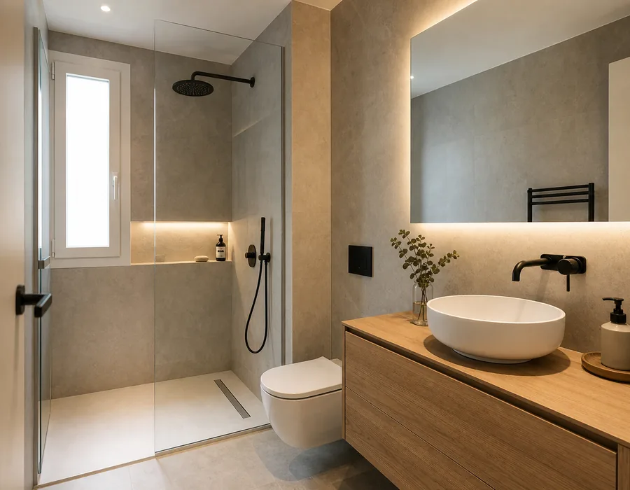 Baño contemporáneo reformado con ducha a ras de suelo