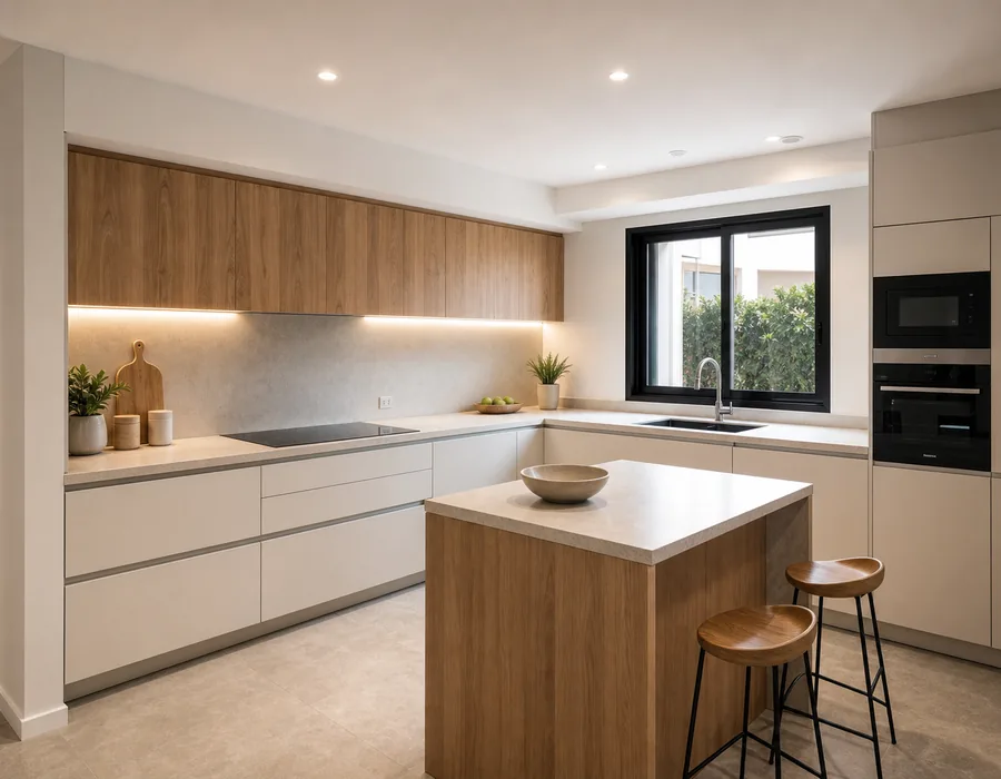 Cocina moderna reformada con muebles blancos y madera de roble