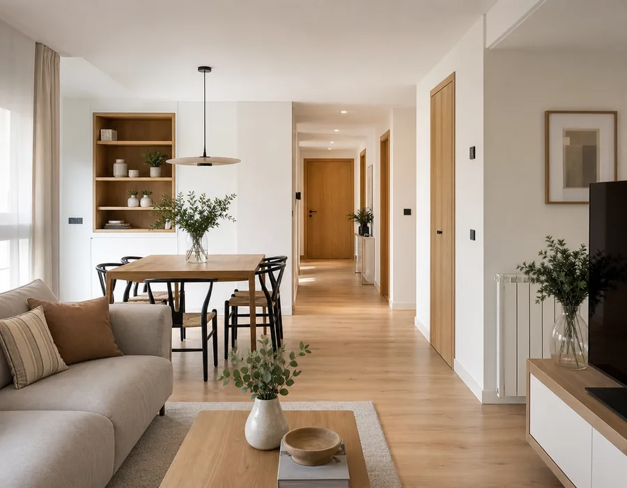 Salón reformado con una distribución interior abierta y funcional