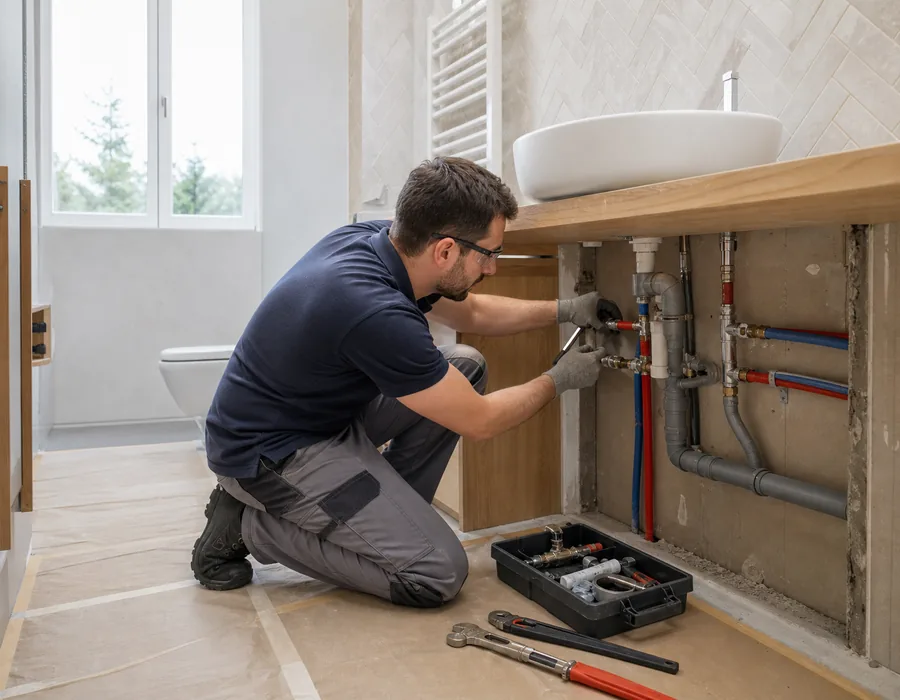 Profesional instalando tuberías durante la reforma de un baño