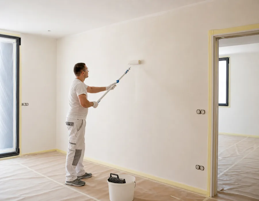Pintor aplicando pintura blanca en una vivienda reformada