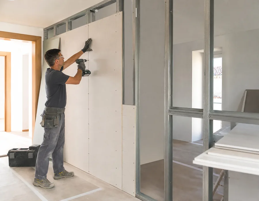 Profesional instalando placas de pladur en una vivienda